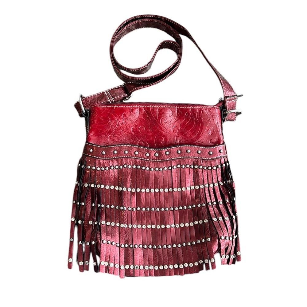 Western Faux Leather Fringe Purse‎ Rhinestones Studded Embossed Cowgirl Red